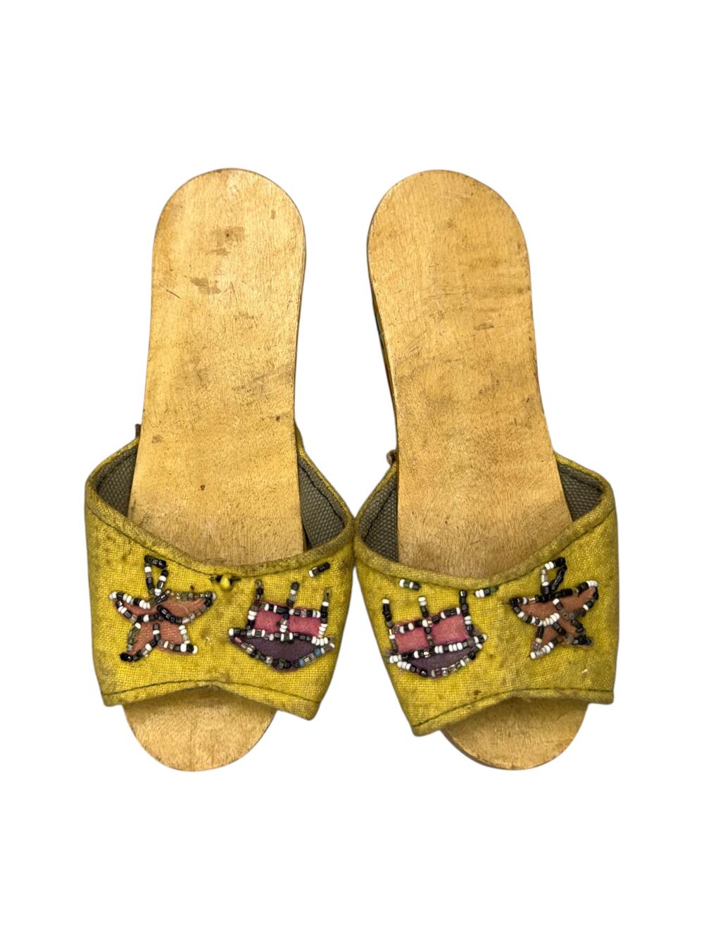 Vintage Wooden Slide Mules Beaded Vamp Folk Art Painted Sole Size 6